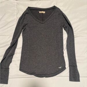 Y2K Hollister V-Neck Long Sleeve Tee Shirt Gray White Logo Small 2000s